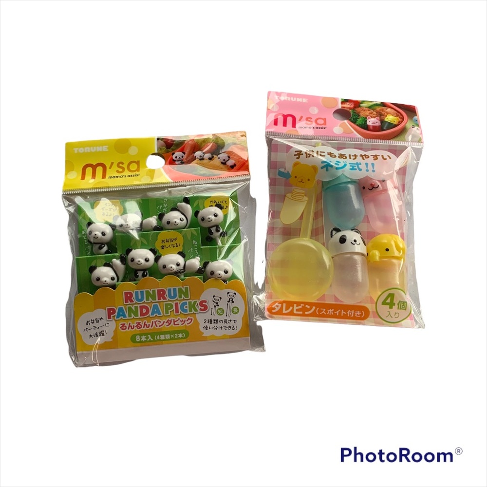 Torune Bento food picks/forks panda set of 8 & 4 mini soy sauce bottles NEW